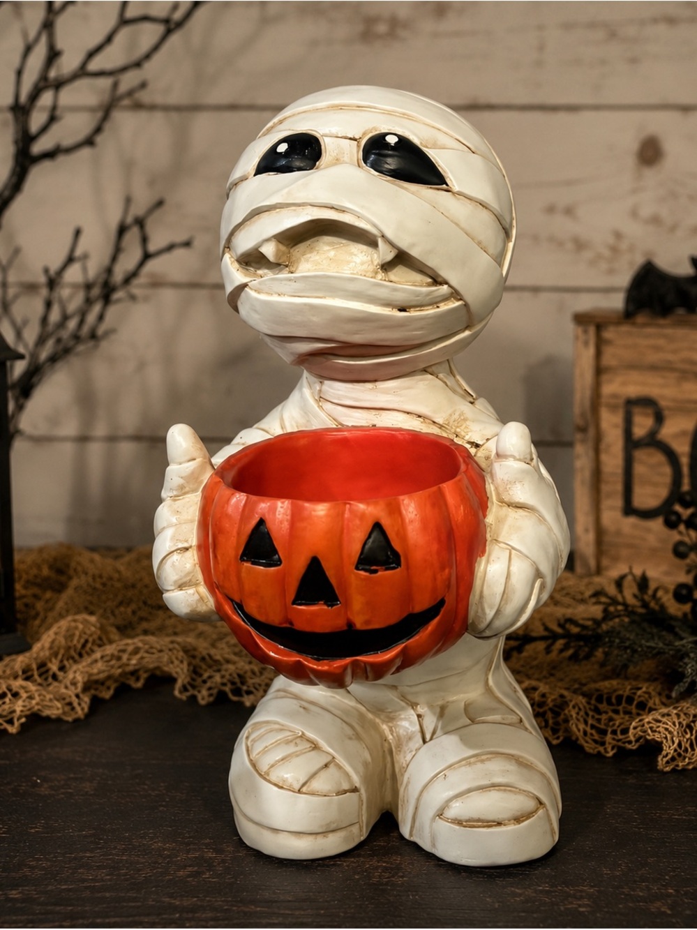 Marvin the Mummy Holding Jack-O'-Lantern Candy Bowl